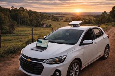 Starlink Mini no teto do carro em área rural com internet via satélite funcionando sem fios no noteb