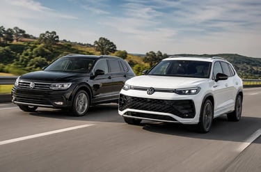 Volkswagen Tiguan 2026 branca e Tiguan Allspace preta lado a lado em movimento na rodovia.