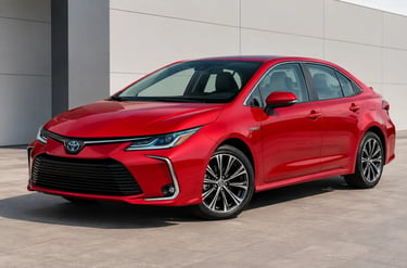 Toyota Corolla Hybrid vermelho em showroom externo moderno e fundo neutro.
