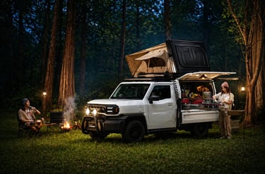 Toyota IMV 0 adaptada para camping mostrando versatilidade e uso multifuncional em ambiente ao ar li