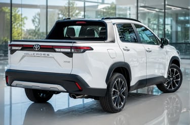 Nova picape Toyota baseada no Corolla Cross vista de traseira em showroom moderno