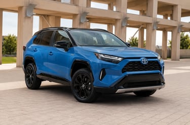 Toyota RAV4 Hybrid azul em área externa moderna com arquitetura contemporânea.