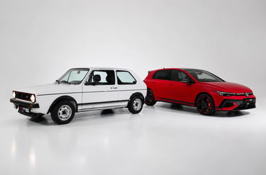 Volkswagen Golf GTI clássico branco ao lado da nova geração vermelha em estúdio minimalista