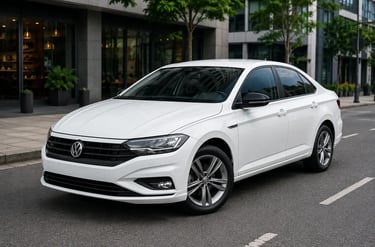Volkswagen Jetta branco estacionado em cenário urbano moderno.