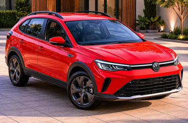 Volkswagen Nivus vermelho estacionado em cenário urbano moderno.