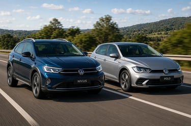 Volkswagen Polo e Nivus lado a lado em movimento durante comparativo na rodovia