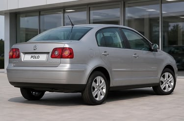 Traseira do Volkswagen Polo Sedan em showroom externo com placa escrita POLO