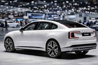 Volvo ES90 2026 elétrico branco traseira em salão automóvel destacando design moderno