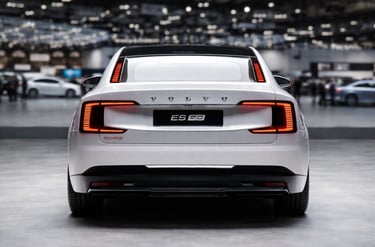 Volvo ES90 2026 elétrico branco traseira central em salão automóvel destacando design moderno