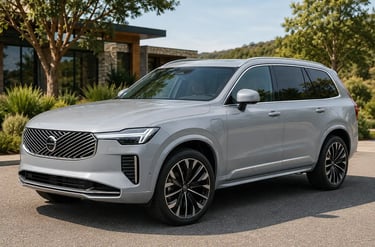 Volvo XC90 cinza estacionado em área residencial de luxo com fundo natural