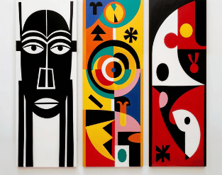three paintings of abstract art deco, including a painting of a man's face