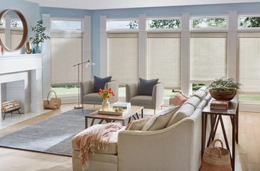 living room with beige cellular shades and natural light – Rise Up Window Coverings Milwaukee