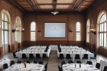 a large room with tables and chairs and a projector