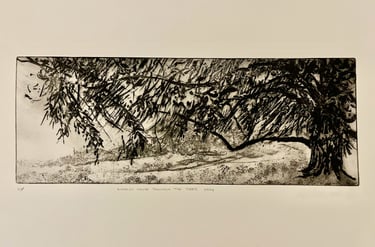 Dumfries House through the trees etching