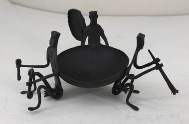 "Handcrafted Bastar tribal iron bowl with three musicians – Top & Front View-Globally demanded"