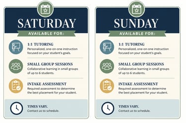 Infographic showing Saturday and Sunday weekend tutoring services including 1:1 tutoring and group sessions.