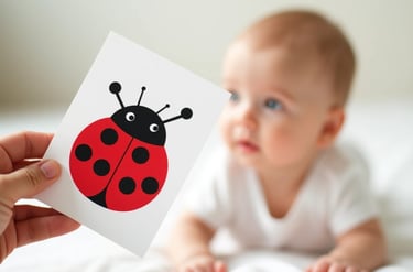 Bebê observando cartão de estímulo com joaninha em alto contraste