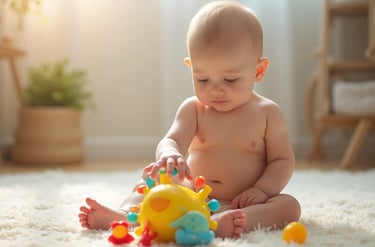 Bebê de 4 a 6 meses sentado com apoio, segurando brinquedo colorido com atenção