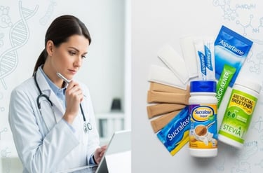 डॉक्टर या न्यूट्रिशन विशेषज्ञ द्वारा स्वीटनर पर राय दर्शाती छवि, जिसमें शुगर और आर्टिफिशियल स्वीटनर 