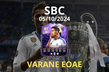 Varane con la coppa della champions in mano e la carta di Varane EOAE su FC 25