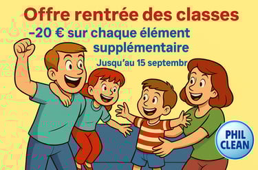image d'une famille heureuse car il y a des super promotions nettoyage pour la rentrée des classes