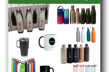 Water bottles and coffee mugs