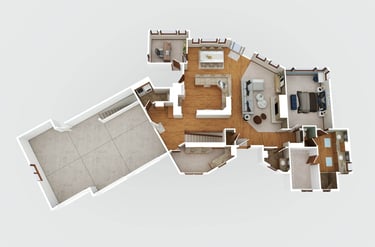 a 3D floor plan of a house with a living room and dining area
