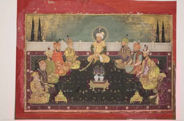 Group portrait of Mughal rulers, from Babur to Aurangzeb, with the Mughal ancestor Timur seated in t