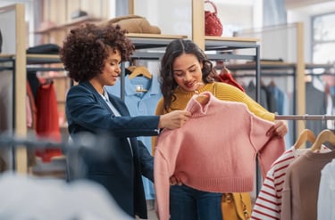 surveillance camera looking at two women in a clothing store looking at a pink sweater