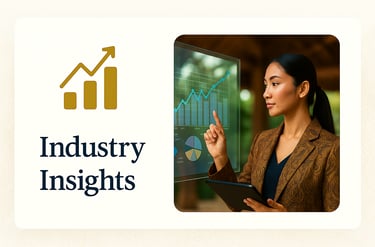 Industry Insights card with a golden rising bar chart icon and a business professional in a fancy ba