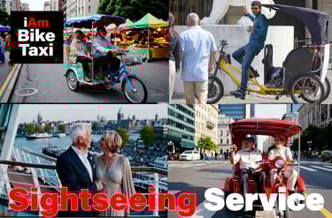 Old people on bike taxi sightseeing city tour in Amsterdam