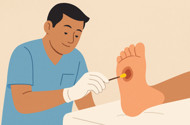 a nurse applying iodine to a foot ulcer