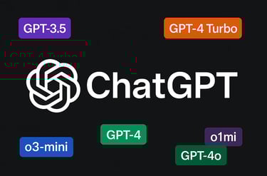 "ChatGPT and OpenAI model family graphic featuring GPT-3.5, GPT-4, GPT-4 Turbo, GPT-4o, and mini mod