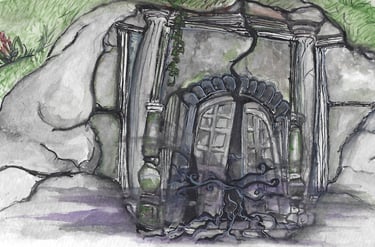 illustration of an ajar stone door with tendrils of black Miasma escaping from it