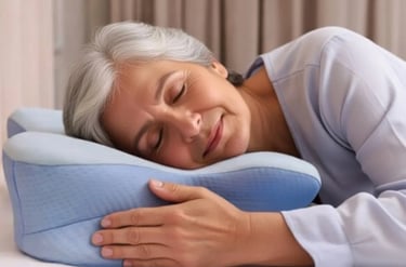 Older woman resting on an ergonomic pillow while sleeping on her side.