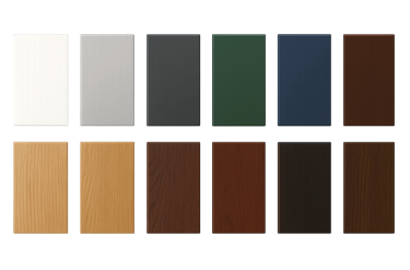 UPVC window and door colour range including white, grey, black and woodgrain finishes, Auckland show