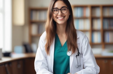 Medical equipment is neatly mounted on a white wall, including an otoscope, an ophthalmoscope, a sphygmomanometer, and a thermometer. The layout suggests a clinical setting likely intended for patient examination.