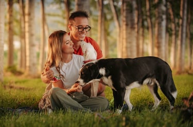 ragazzo, ragazza e due cani al tramonto nel bosco incantato