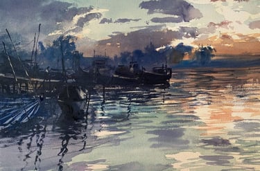Acuarela atardecer en el delta