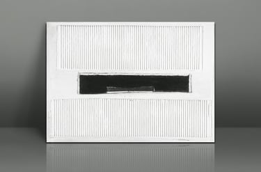 Minimalist abstract canvas art featuring black horizontal band and white vertical textured lines.