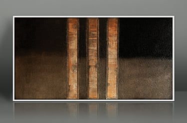 Modern abstract canvas wall art featuring three textured copper vertical stripes on a dark gradient background.