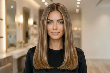 Voluminous blowout hairstyle with smooth, shiny hair and a salon-finished look for everyday elegance