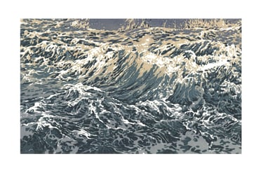 Linogravure, estampe originale,  représentant des vagues.