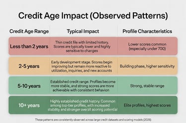 Infographic titled Credit Age Impact (Observed Patterns) showing how different credit age ranges aff