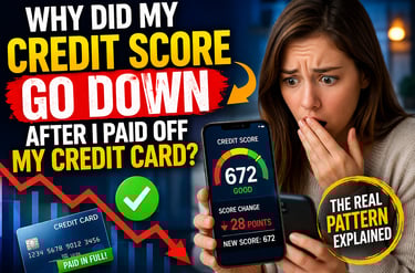 Woman surprised by credit score drop after paying off credit card, showing falling graph and phone d