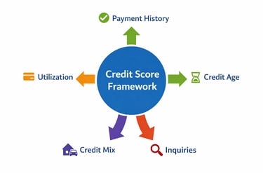 credit score framework diagram showing payment history utilization age of credit mix and inquiries