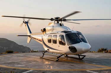 Exterior shot of a luxury helicopter on a clifftop helipad overlooking the Mediterranean, rotors still, late afternoon golden light on the fuselage, dramatic coastal scenery in the background, no people