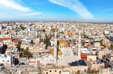 Aerial shot of Madaba city and King Hussein Mosque