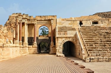 Stone temple with stairs and pillars of Tel Mar Elias, Jordan