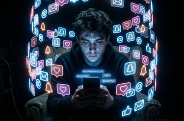 Pessoa em ambiente escuro Noir presa por notificações de celular, simbolizando o escapismo digital."